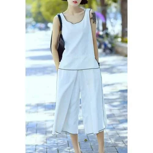 Loose Tank Top and Capri Wide Leg Pants Suits - White M loose fit tank