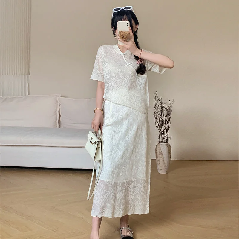 New Chinese Style Cool Silk Two-Piece Women's Clothing Summer High-Grade Zen Embroidery Short Sleeve Robe Suit Skirt patchwork skirt art New Chinese Style Cool Silk Two-Piece Women's Clothing Summer High-Grade Zen Embroidery Short Sleeve Robe Suit Skirt patchwork skirt art