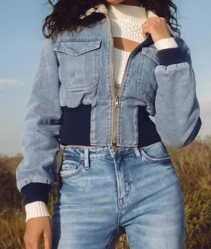 Jacklyn Fur Collar Denim Jacket In Denim Blue Snapped Jacket Toggled Jacket Drawstring Jacket