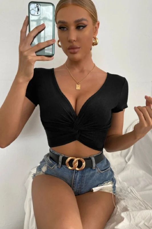 Plunge Neck Knot Front Crop Top Terry Blend Velvet Blend Canvas Blend