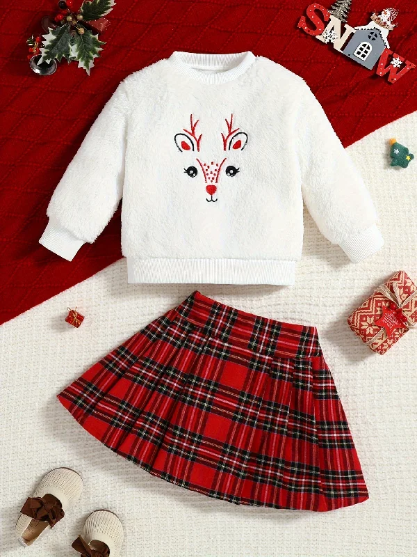 [Christmas 1 Set] Elk Pattern Long-Sleeve Teddy Sweatshirt + A-line Plaid Skirt Outfit, Casual-Style Girls Spring/ Fall Clothes, Ideal For Daily & Outdoor Wear Hoodie with Puffed Sleeves Voluminous Trendy