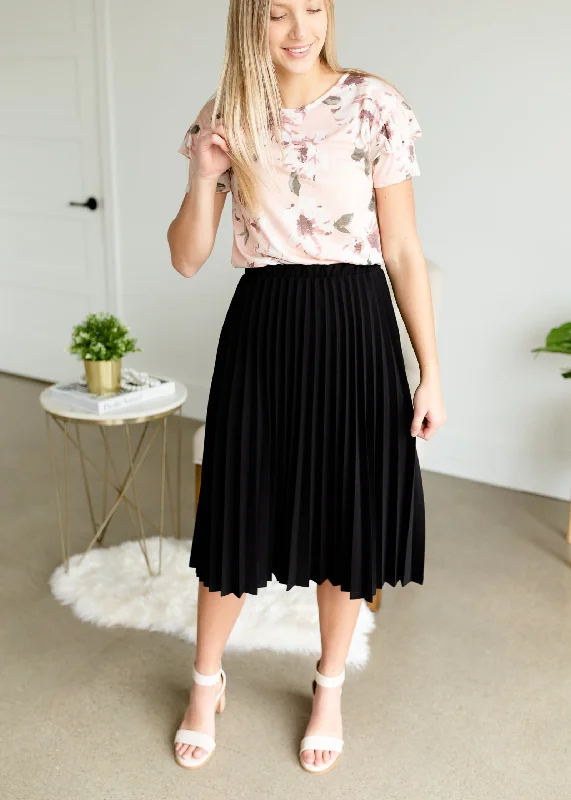 Black Pleated Stretch Waist Midi Skirt - FINAL SALE leather skirt durable