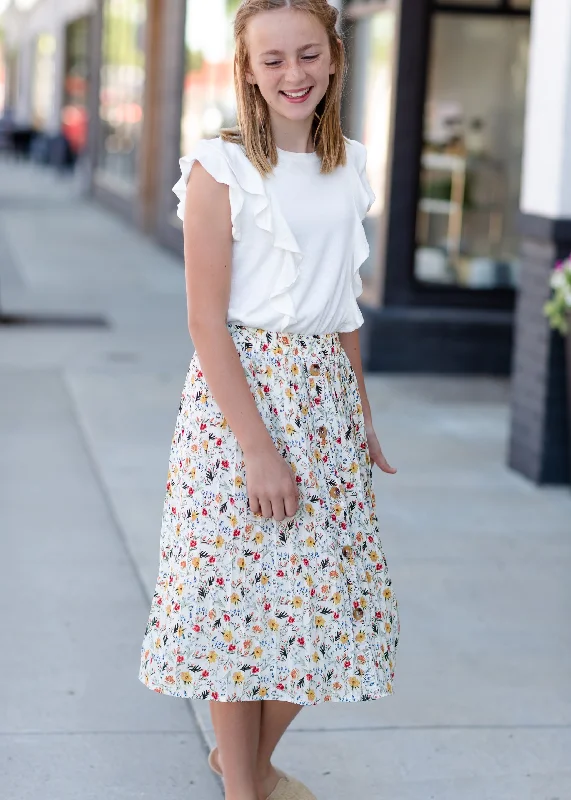 Girls Ivory Bright Floral Midi Skirt athletic skirt fit