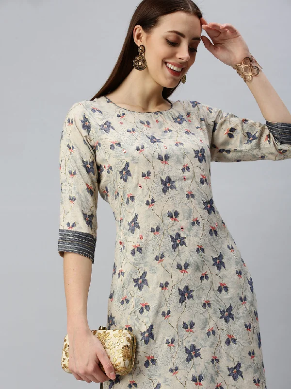 Women Straight Beige Printed Kurta and Trousers-SKC3160-Beige Trousers Designer Luxury