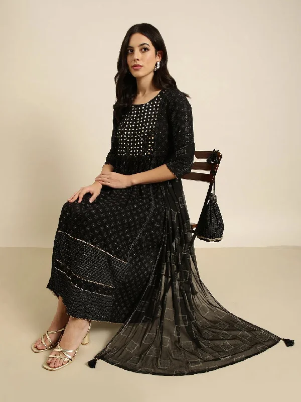 Women A-Line Black Printed Kurta and Trousers Set Comes With Dupatta-GW-4054-Black Trousers Floral Bohemian Women A-Line Black Printed Kurta and Trousers Set Comes With Dupatta-GW-4054-Black Trousers Floral Bohemian