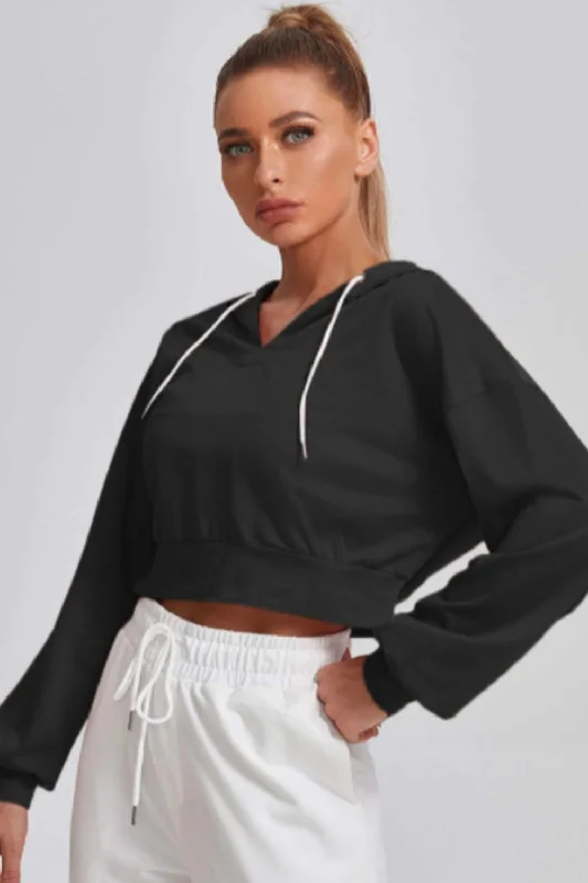 Black Cropped Hoodie Full Sleeves Hoodie with Mesh Breathable Sporty