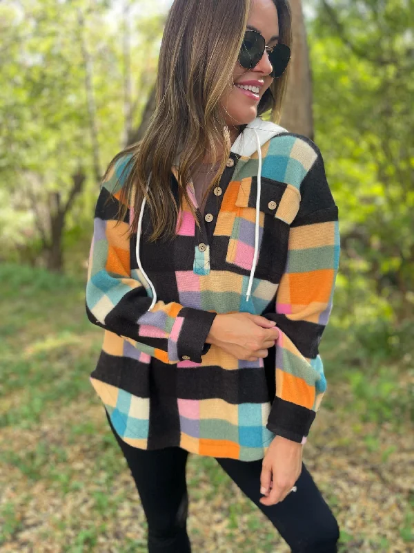 Hazel Blues® | PREORDER: Rainbow Plaid Button Hoodie Hoodie with Batwing Sleeves Loose Dramatic Hazel Blues® | PREORDER: Rainbow Plaid Button Hoodie Hoodie with Batwing Sleeves Loose Dramatic