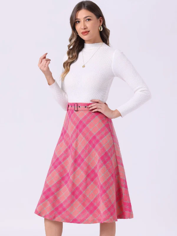 Christmas Tartan Plaid High Waist Belted A-Line Midi Skirt leather skirt sleek