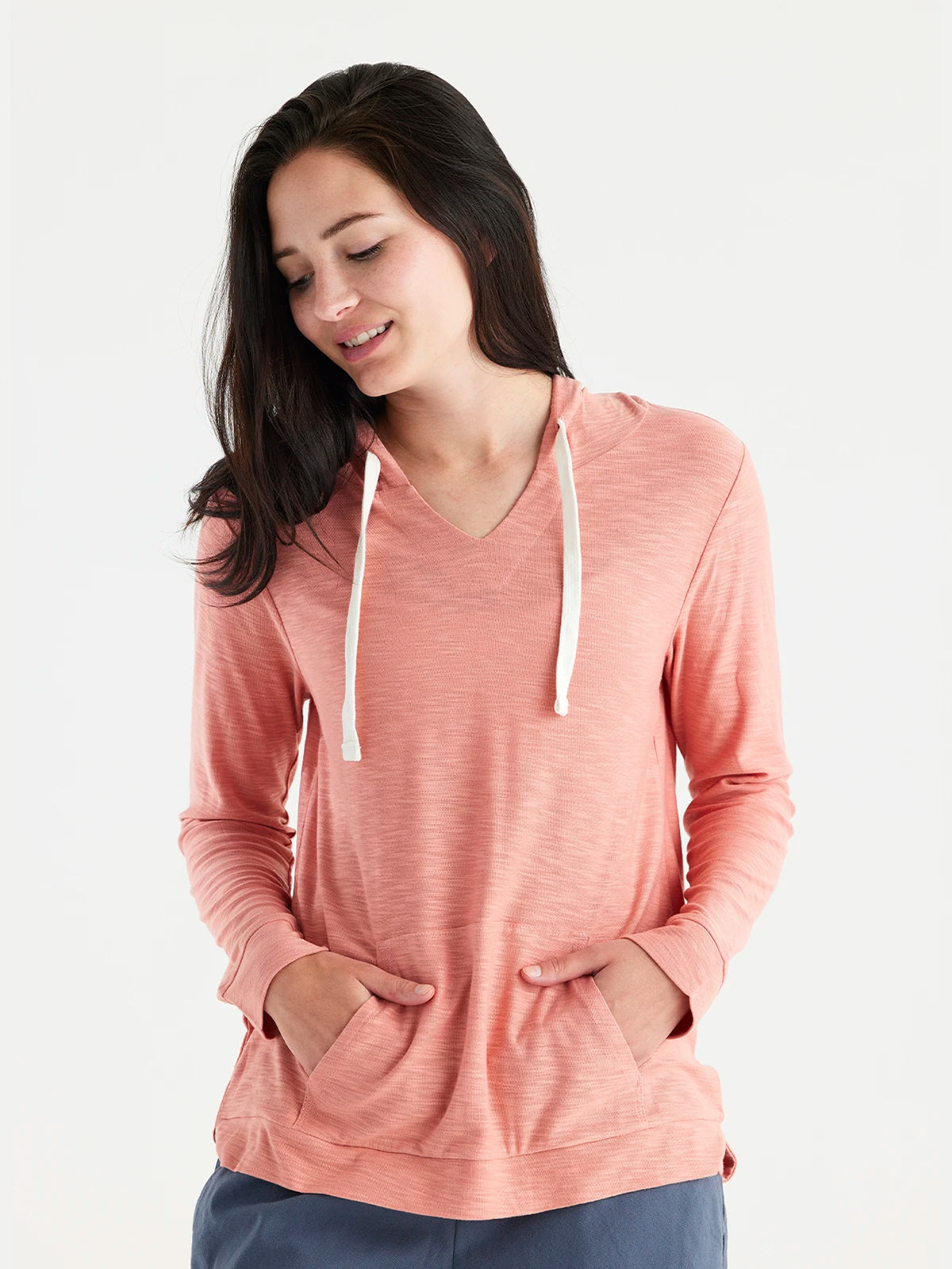 Women's Bamboo Slub Hoodie - Bright Clay Hoodie with High-Low Hem Asymmetrical Trendy