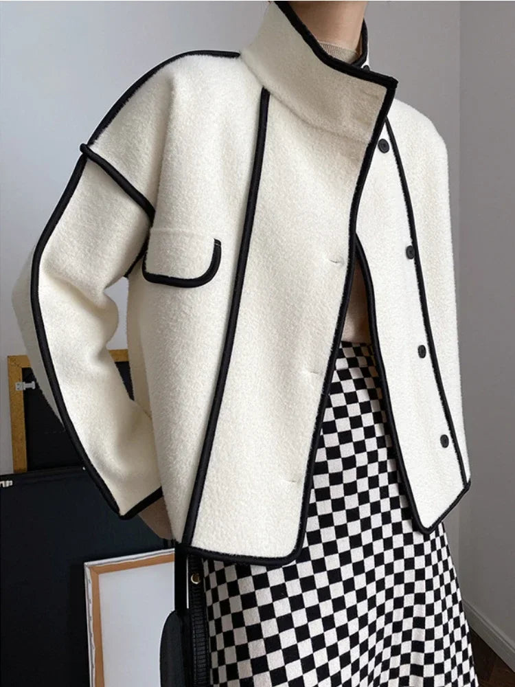 Advbridge Fashion Coats for Women 2024 Loose Standing Collar Solid Short Women's Jacket Contrast Color Design White Black Autumn Outerwear Quilted Jacket Puffer Jacket Insulated Jacket