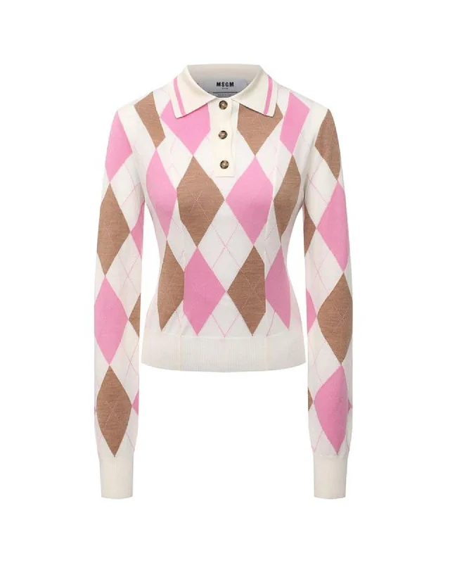 MSGM Argyle Knit Polo Sweater for Women PinkWhiteBrown Knit Fabric Woven Fabric Fleece Fabric MSGM Argyle Knit Polo Sweater for Women PinkWhiteBrown Knit Fabric Woven Fabric Fleece Fabric