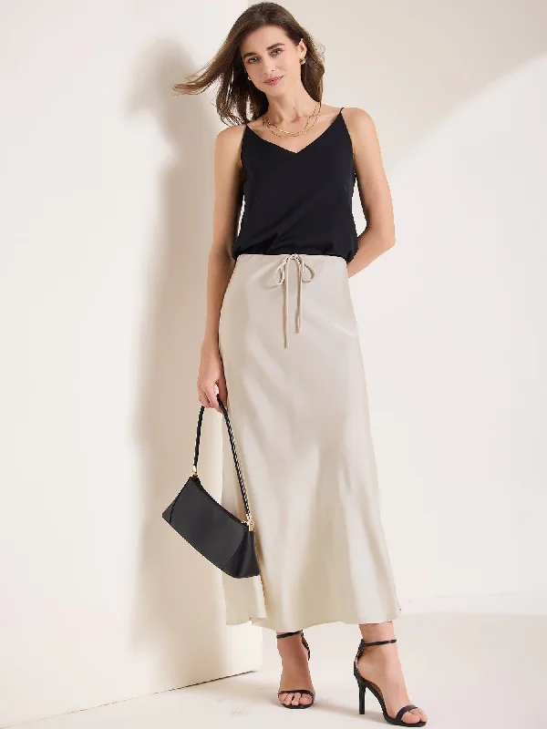 Satin High Waist Drawstring Solid Color Maxi Skirt linen skirt breathable