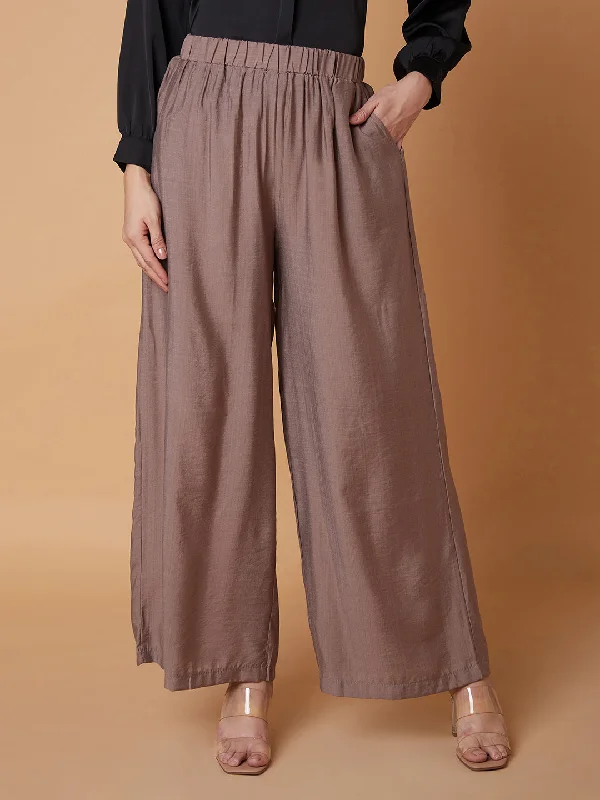 Women Solid Brown Pleated Loose Fit Trouser-1075-Brown Trousers Ceremony Elegant