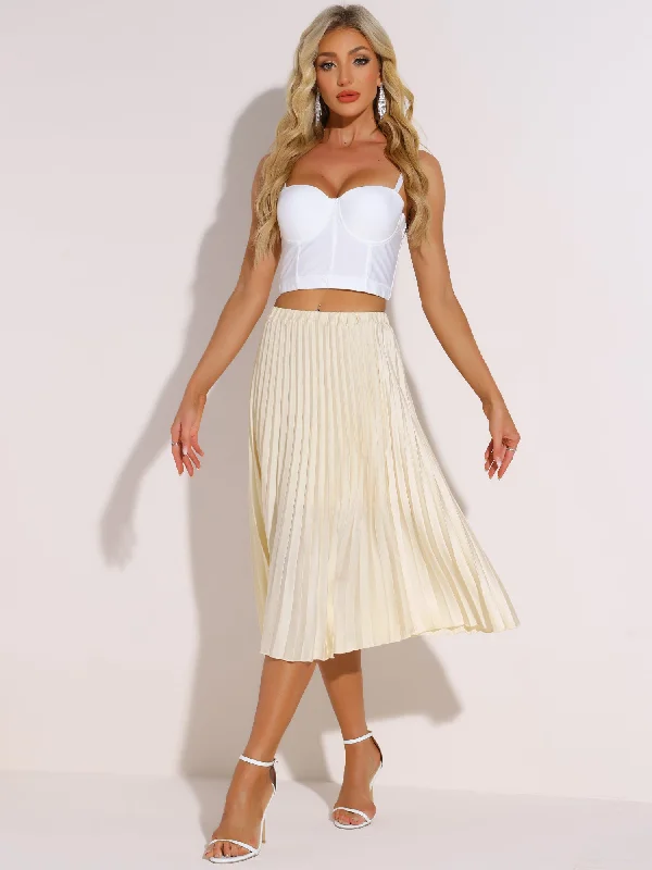 Elastic Waist Solid Color A-line Pleated Midi Skirt lace skirt romantic