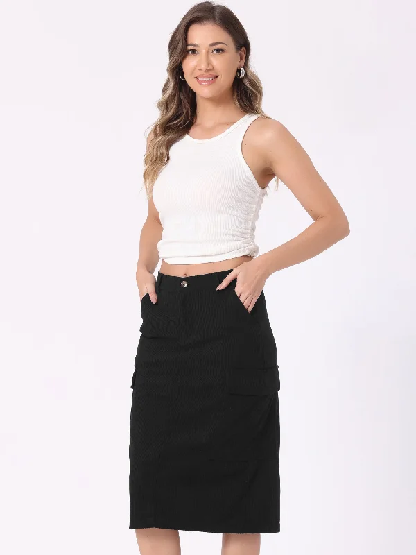High Waisted Elastic Back Corduroy Midi Cargo Skirt slim fit skirt