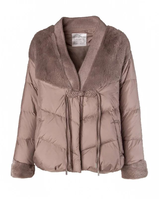 Down Jacket W/ Fur In Taupe Notch Collar Peter Pan Collar Cowl Neck