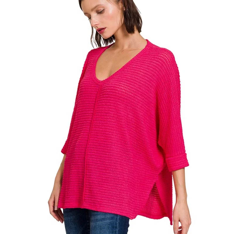 Waffle High Slit Sweater Bright Pastel Dark