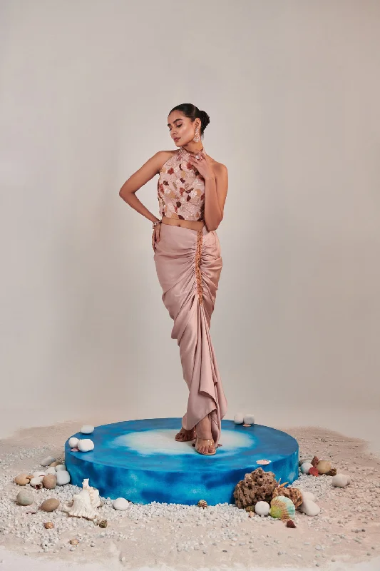 Nudish Pink Drape Skirt And Halter Neck Top Set tulle skirt dreamy