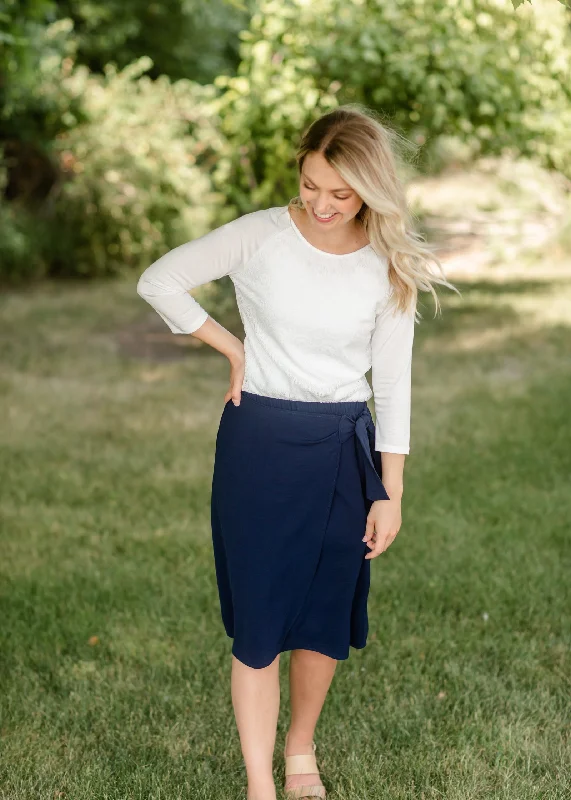 Navy Faux Wrap Tie Front Midi Skirt - FINAL SALE linen skirt airy