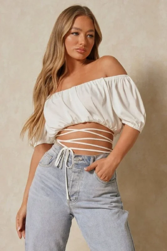 Off Shoulder Tie Knot Detail At Waist White Crop Top Solid Color Striped Floral