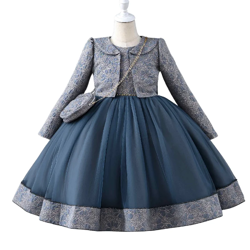 Elegant Blue Dress with Lace Jacket Satin Fabric Silk Fabric Chiffon Fabric