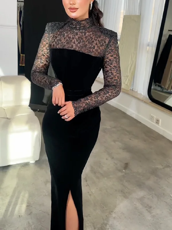 Black Velvet Lace Bodycon Two-Piece Dress Set – Long Sleeve Elegance