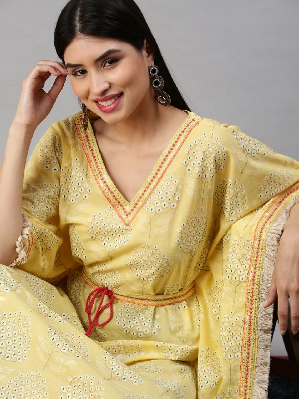 Women Kaftan Yellow Printed Kurta and Trousers-GW2298-Yellow-Green Trousers Review Highly Women Kaftan Yellow Printed Kurta and Trousers-GW2298-Yellow-Green Trousers Review Highly
