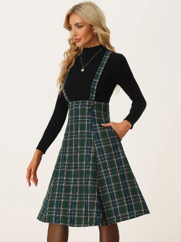 Plaid Overall Tartan Pinafore Suspender Midi Skirt floral skirt print
