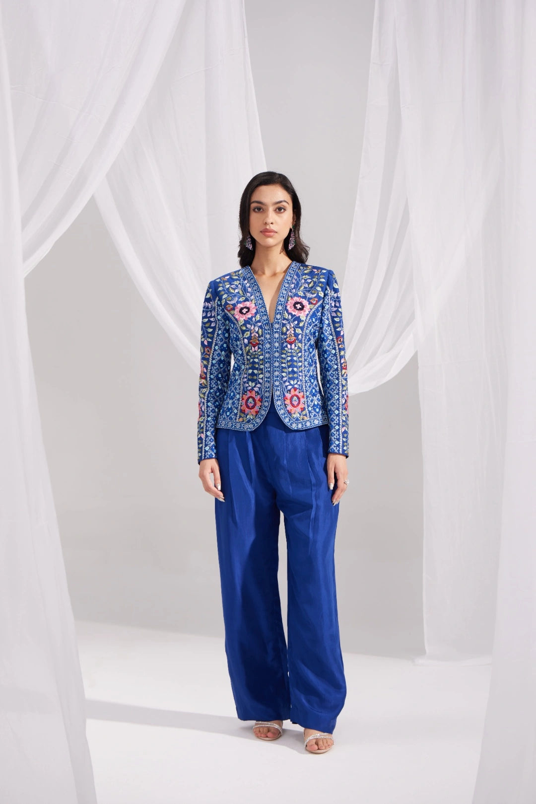 Royal Blue Embroidered Silk Jacket & Pleated Pant Set Plaid Jacket Tartan Jacket Houndstooth Jacket