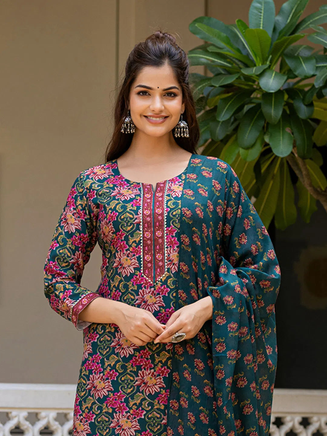 Ahika Women Green Rayon Blend Floral Printed Straight Kurta Trouser With Dupatta-VKSKD2283 Trousers sophisticated sleek Ahika Women Green Rayon Blend Floral Printed Straight Kurta Trouser With Dupatta-VKSKD2283 Trousers sophisticated sleek