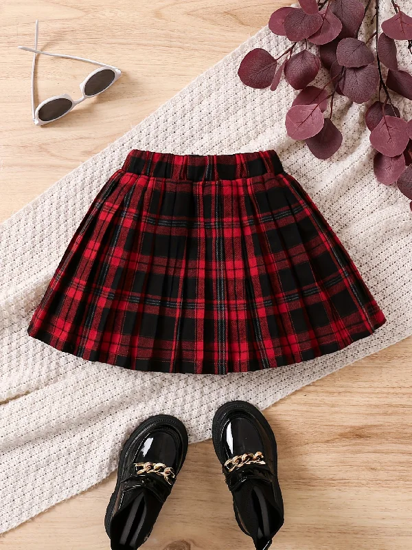Chic Red Plaid Pleated Skirt for Girls - Perfect Christmas & Birthday Gift, Versatile Preppy Style, Machine Washable corduroy skirt comfortable