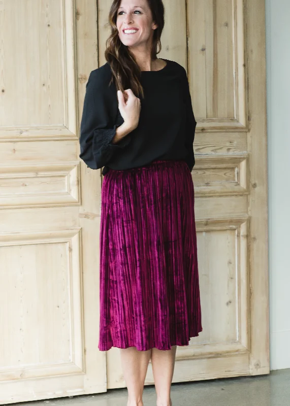 Burgundy Velvet Pleated Midi Skirt - FINAL SALE mini skirt trendy