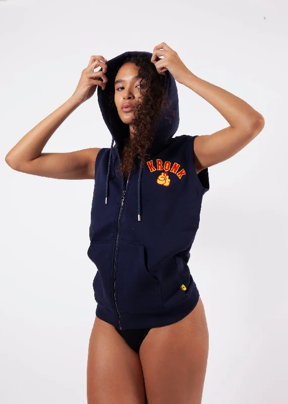 KRONKWOMEN Gloves Applique Zip through Sleeveless Hoodie Navy Hoodie with High Neck Warm Protective