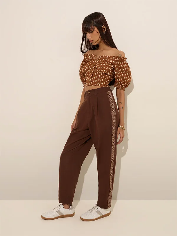Bombay Paisley Brown Printed High-Rise Cotton Trousers Trousers luxurious high-end