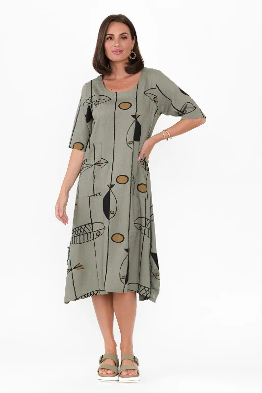 Hailee Khaki Sea Linen Cotton Dress