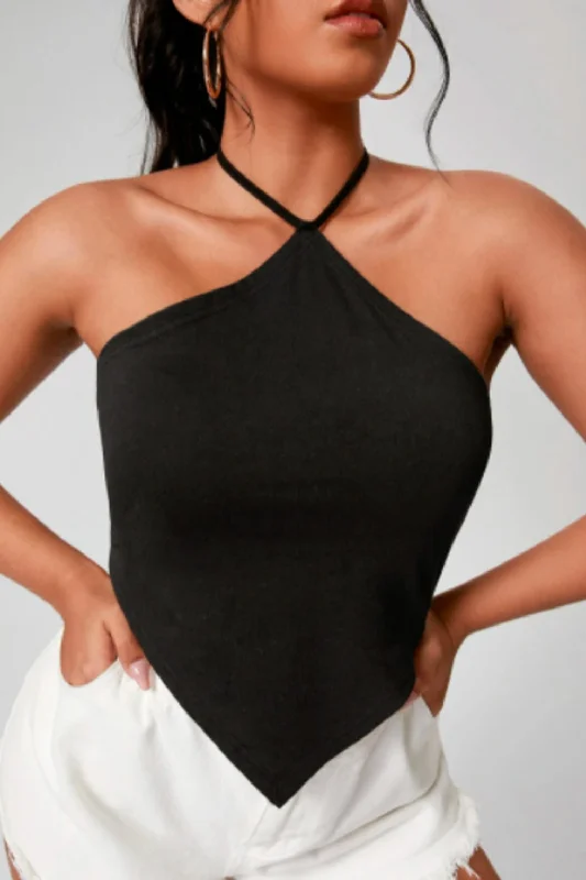 Halter Neck Black Crop Top Polka Dot Checkered Tartan