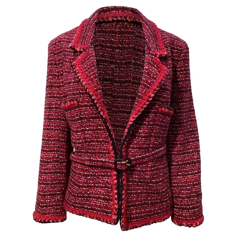 Chanel Textured Belted Jacket in Red Wool Wool Jacket Cashmere Jacket Tweed Jacket