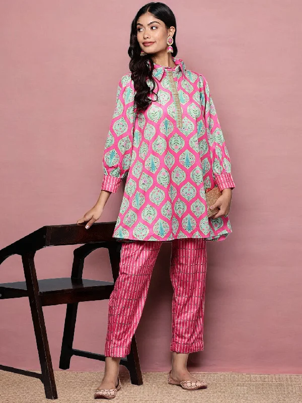 Pink & Sea Green Printed Velvet Tunic & Trousers Trousers Versatile Stylish