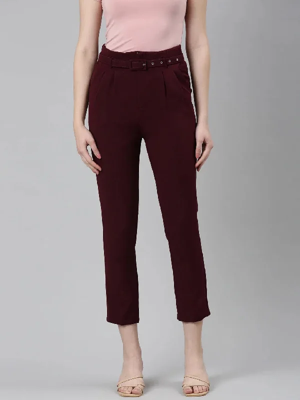 Women Burgundy Solid Peg Trouser-LT-KN-505-Burgundy Trousers Vintage Classic