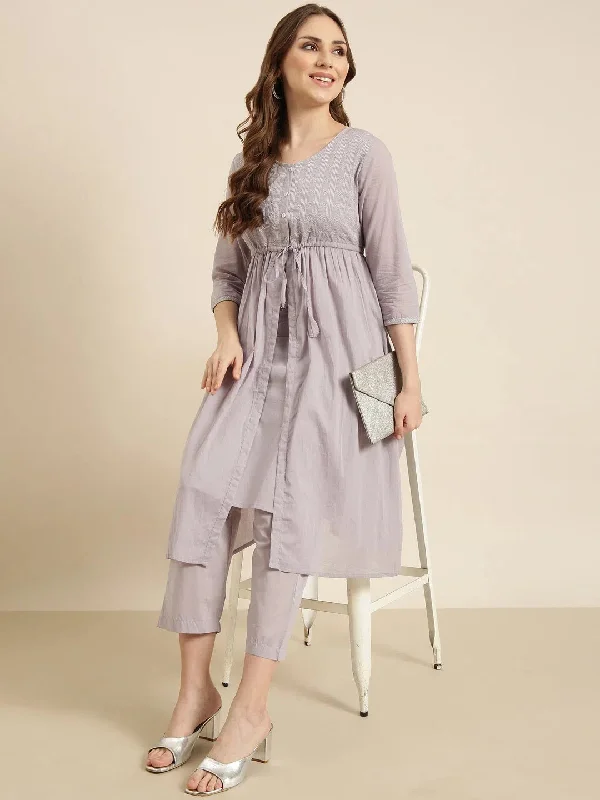 Women A-Line Grey Solid Kurta and Trousers Set-ON-728-Grey Trousers Custom Made