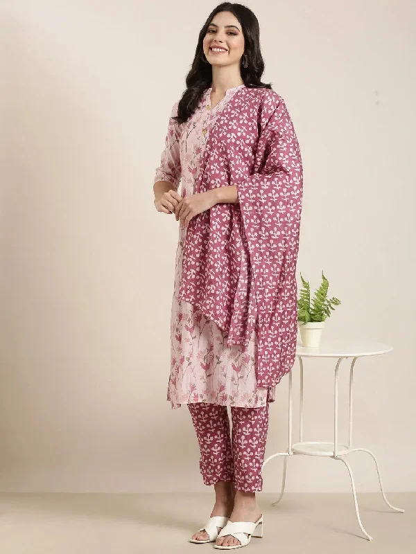 Women Straight Pink Floral Kurta and Trousers Set Comes With Dupatta-DK-1909-Pink Trousers Modern Contemporary Women Straight Pink Floral Kurta and Trousers Set Comes With Dupatta-DK-1909-Pink Trousers Modern Contemporary