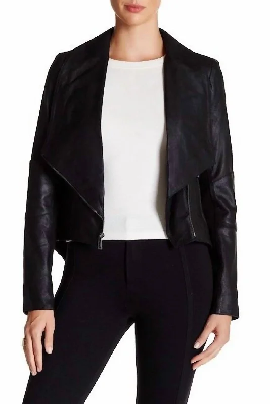 Lamb Suede Leather Drape Tail Collar Jacket In Black Satin Jacket Silk Jacket Chiffon Jacket