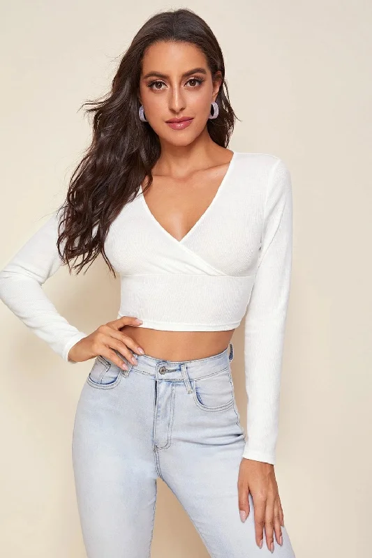 Surplice Neck Crop Top White Front Pockets Side Pockets Patch Pockets