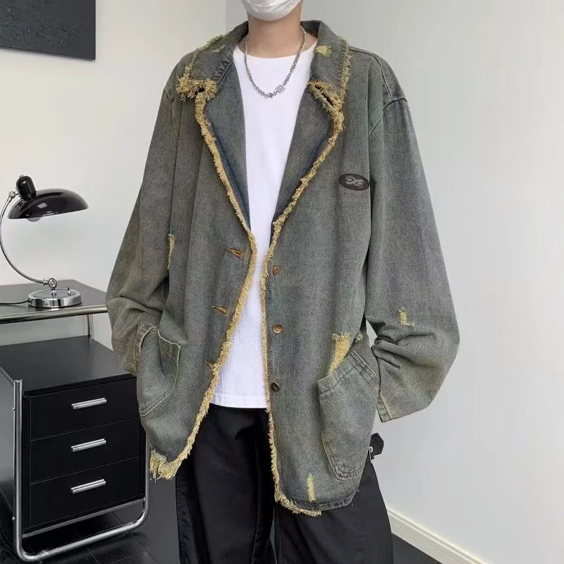 Advbridge American Vintage Denim Coat Men Women Distressed Broken Hole Tassel Tailored Collar Jeans Wear Spring Autumn Loose Long Jacket Belted Jacket Elasticated Jacket Padded Jacket Advbridge American Vintage Denim Coat Men Women Distressed Broken Hole Tassel Tailored Collar Jeans Wear Spring Autumn Loose Long Jacket Belted Jacket Elasticated Jacket Padded Jacket