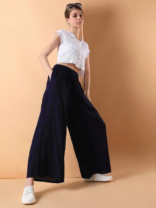 Women Navy Blue Solid Pleated Loose Fit Trouser-MRF-188-Navyblue Trousers fashionable chic Women Navy Blue Solid Pleated Loose Fit Trouser-MRF-188-Navyblue Trousers fashionable chic