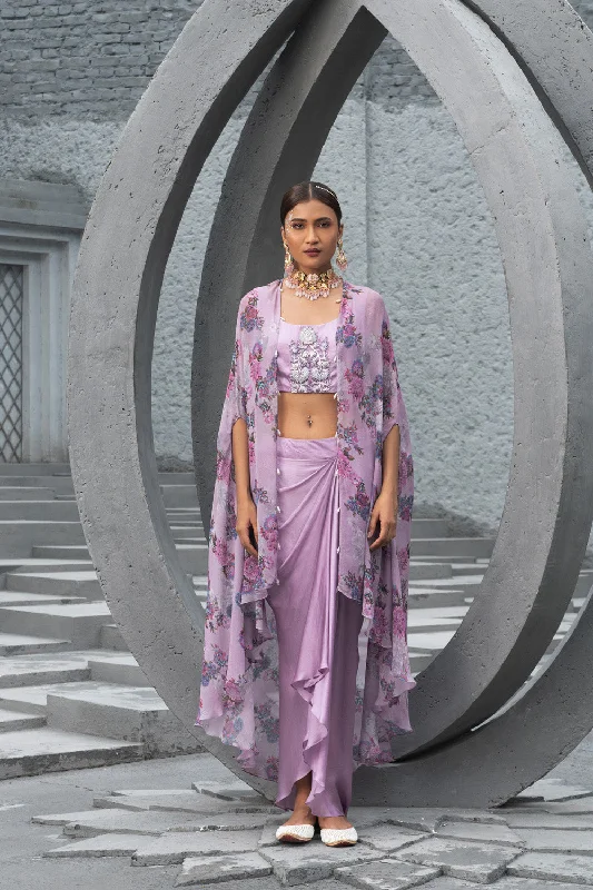 Lavender Printed Cape With Draped Skirt And Embroidered Inner asymmetrical skirt cut