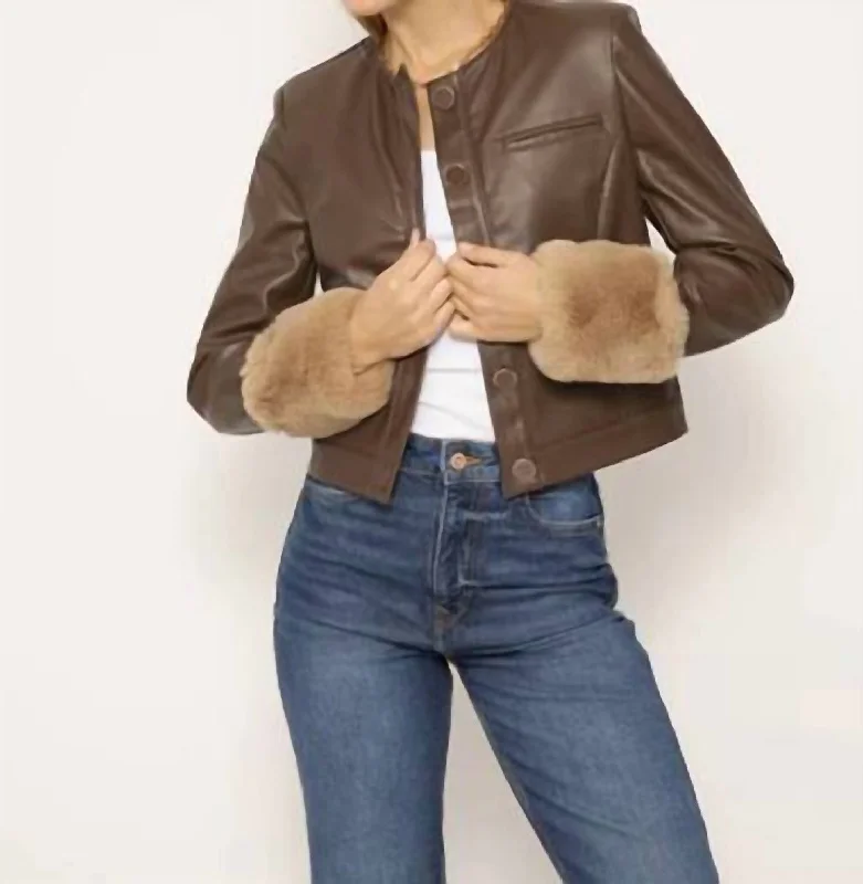 Nola Fur Cuff Lady Jacket In Brown Satin Jacket Silk Jacket Chiffon Jacket