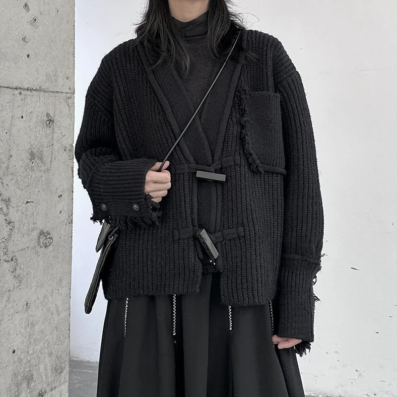 Dark Raw Edge V-neck Knitted Jacket Fleece Jacket Down Jacket Feather Jacket