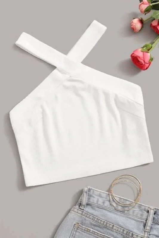 White Halter Neckline Crop Top Faux Fur Fabric Real Fur Fabric Shearling Fabric