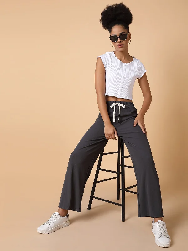 Women Flat Front Solid Grey Trousers-8627-Grey Wide Leg Loose Fit Mid Waist